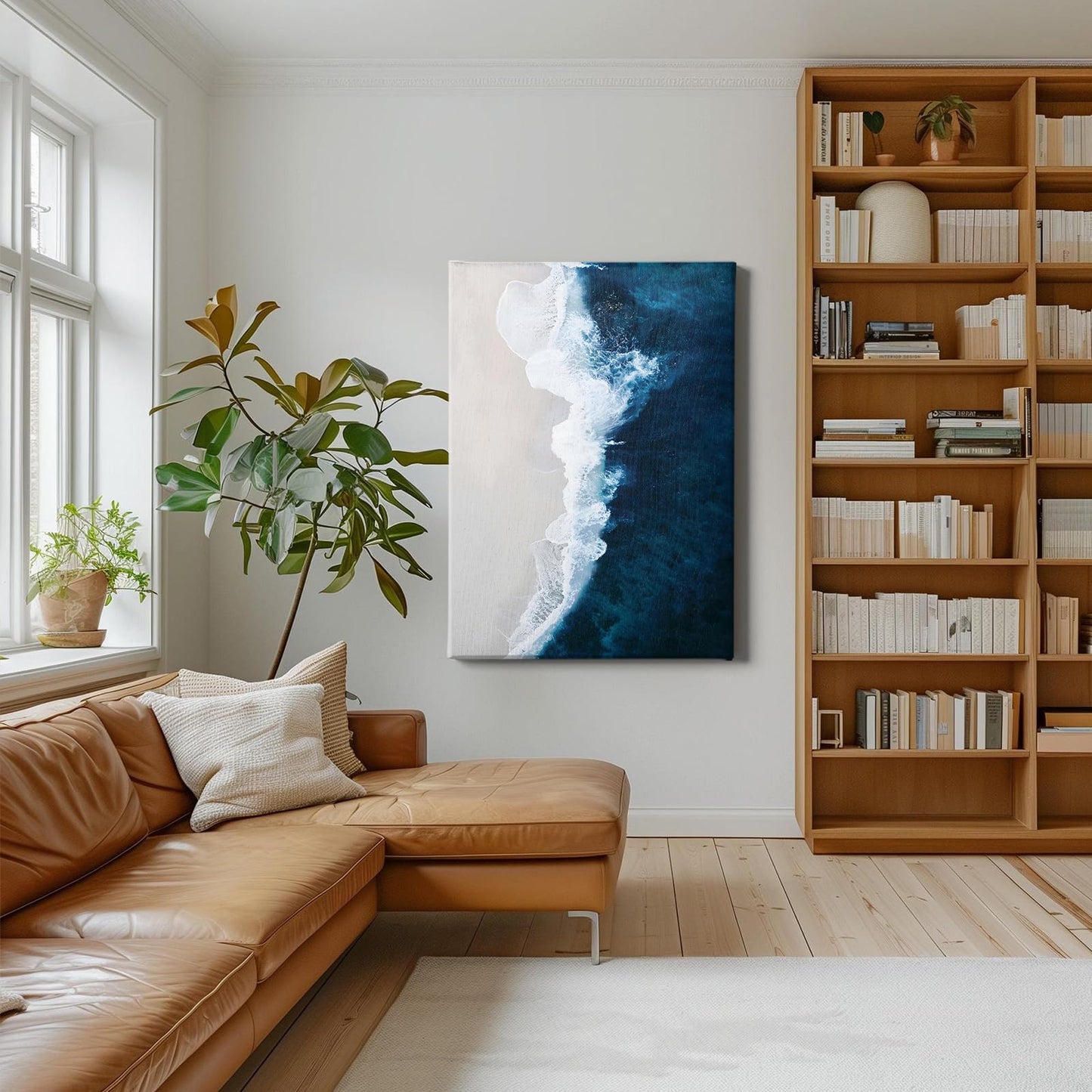 Ocean Wave Canvas Wall Art Navy Blue Ocean Pictures Beach Scene Painting Modern Coastal Prints Nature Ocean Wall Art Blue Ocean Paintings Ocean Landscape Poster for Living Room 16x24in with Frame
