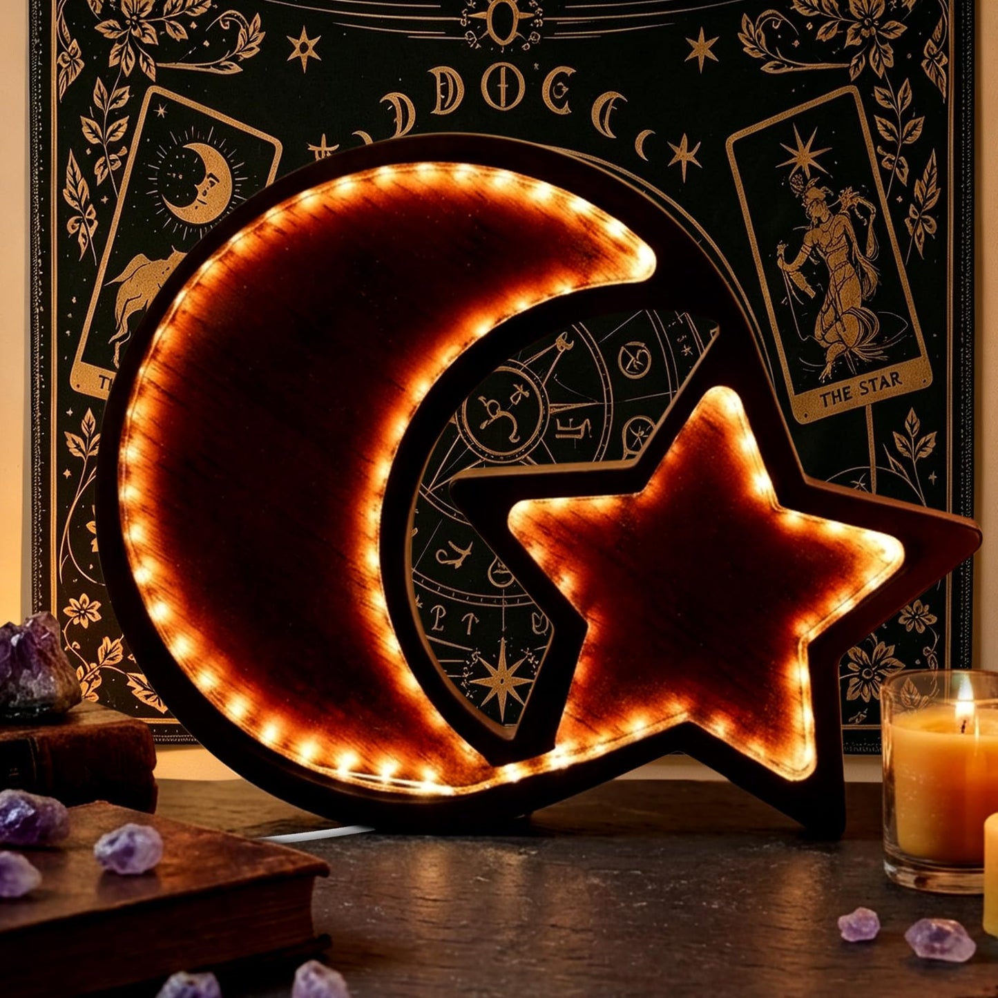 Wooden Crystal Display Holder,Moon and Stars Crystal Rock Holders for Display with LED,Crystal Tray Storage for Healing Stones and Gem - Wiccan Decor and Witchy Gifts (Brown)