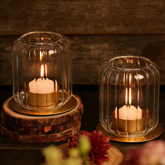 HAVITI Tealight Candle Holder Set of 2, Clear Votive Candle Holders Glass & Metal Base Lantern Style, Vintage Tea Light Candle Holders for Table Centerpieces, Wedding, Home Decor