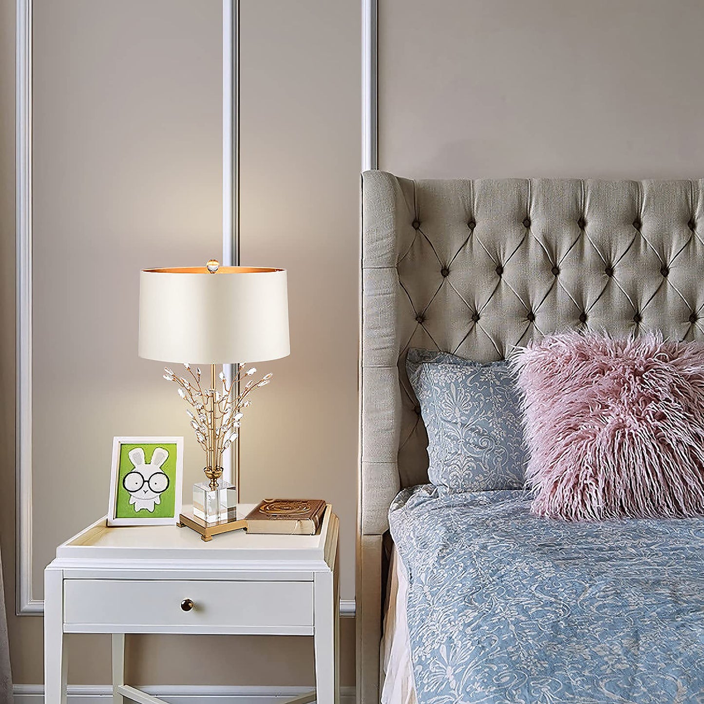 Gold Crystal Table Lamp White Glass Table Lamp with Fabric Lampshade and Crystal Lamp Body Lamp Unique Crystal Table Lamps for Bedroom Living Room Dining Room Bedside