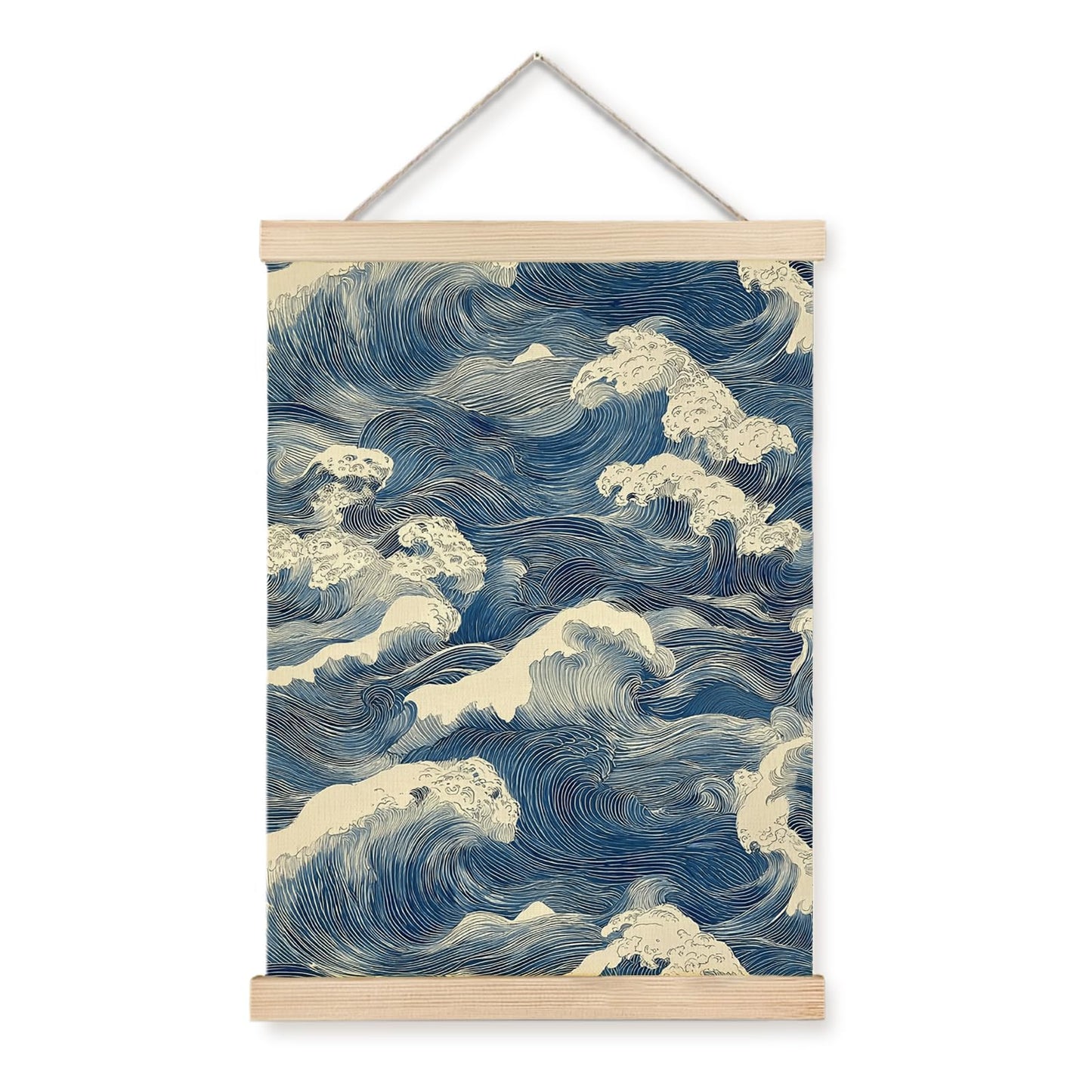 Nipil Blue and White Wave Japandi Poster Hanger Frame, Japanese Room Decor, Abstract Japanese Wabi Sabi Ocean Waves Coastal Beach Hanging Canvas Framed Wall Art Decor for Home, 12x16 Inch