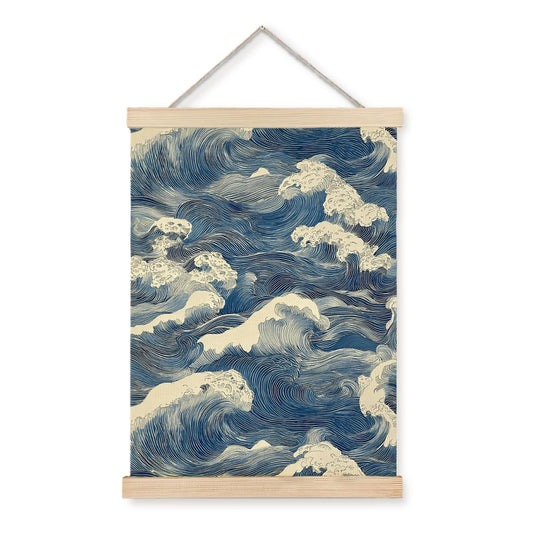 Nipil Blue and White Wave Japandi Poster Hanger Frame, Japanese Room Decor, Abstract Japanese Wabi Sabi Ocean Waves Coastal Beach Hanging Canvas Framed Wall Art Decor for Home, 12x16 Inch