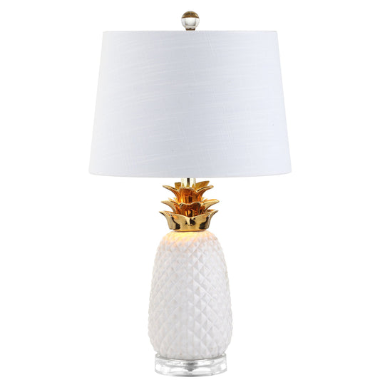 JONATHAN Y 23" White/Gold Pineapple Ceramic Table Lamp for Bedroom Decor, Modern Whimsical Bedside Nightstand Lamp with White Linen Drum Shade and LED Bulb (JYL4019C)