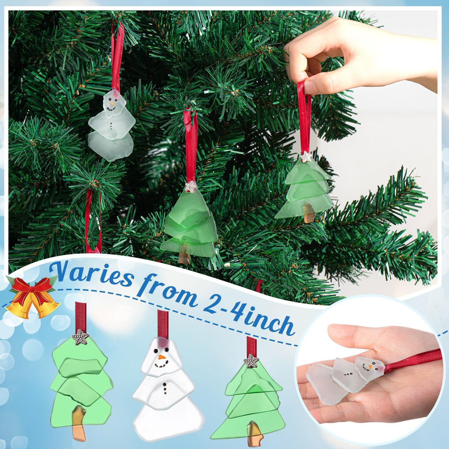 Zhehao 6 Pcs Christmas Tree Ornaments Sea Glass Christmas Tree and Sea Glass Snowman Crystal Xmas Craft Hanging Decoration Ocean Beach Seaglass Ornament Set for Xmas Party Home Decor