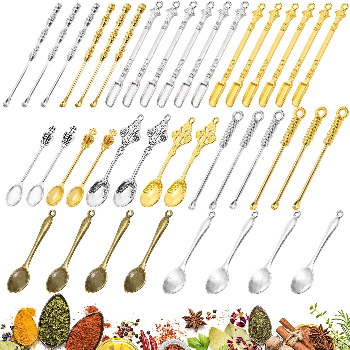 Foraineam 40 Pieces Mini Spoons Tiny Shovel Spoon, Metal Medicine Spoon Powder Scoop for Spices, Herbs, Kitchen Tableware Charm Pendant Spoons For DIY Craft Jewelry Making Necklace Bracelet Key Chain