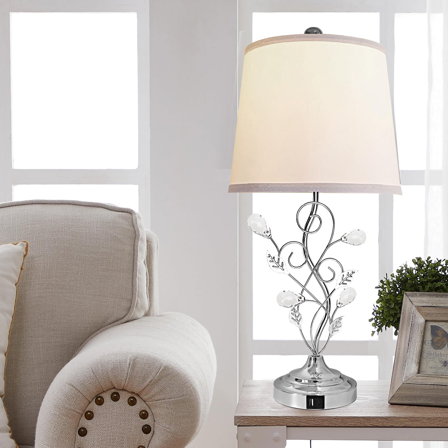 Sheetea 24.5in Modern Table Lamps - Set of 2, Silver with 2 USB Charging Ports, White Bedside Lamps for Nightstand, Unique Vine Leaf Design for End Table Reading