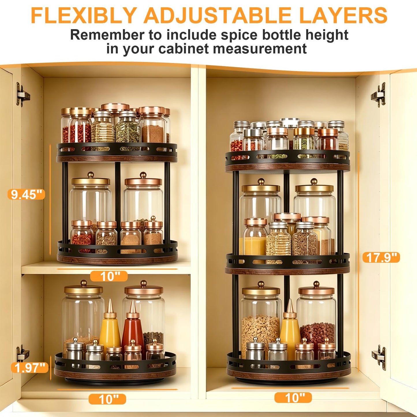 3 Tier Lazy Susan Organizer - 360° Rotating Spice Rack, Industrial Spinning Spice Rack, Versatile Wooden Lazy Susan Turntable for Kitchen Cabinet, Countertop, Pantry, Bathroom, Vanity