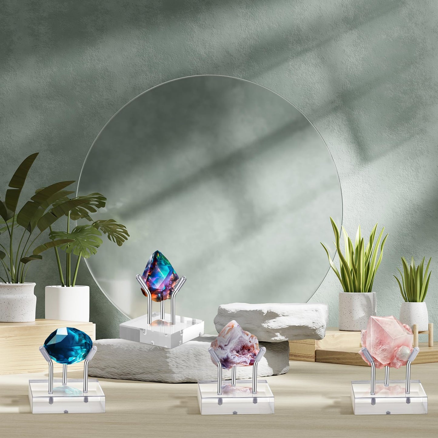RattanView 8 Pack Clear Acrylic Geode Display Stand, 3 Peg Metal Rock Crystal Display Stand Small Collectibles Easel Holder for Minerals Crystals Coral Fossils Agate, 1.6 x 1.6 x 1.6 Inch