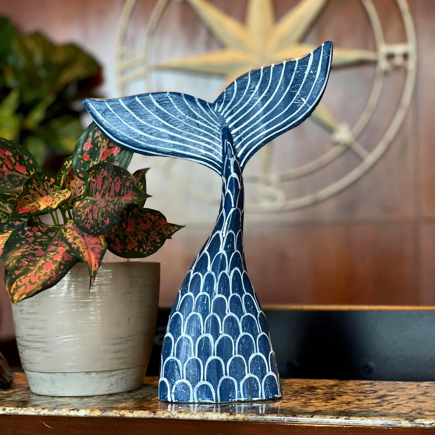 Hand-Carved Navy Blue Wood Mermaid Tail Sculpture – 13.75" Nautical Coastal Table Decor, Beach House Accent, Ocean-Inspired Artisan Art, Indoor Shelf Display Statue, Unique Gift for Ocean Lovers