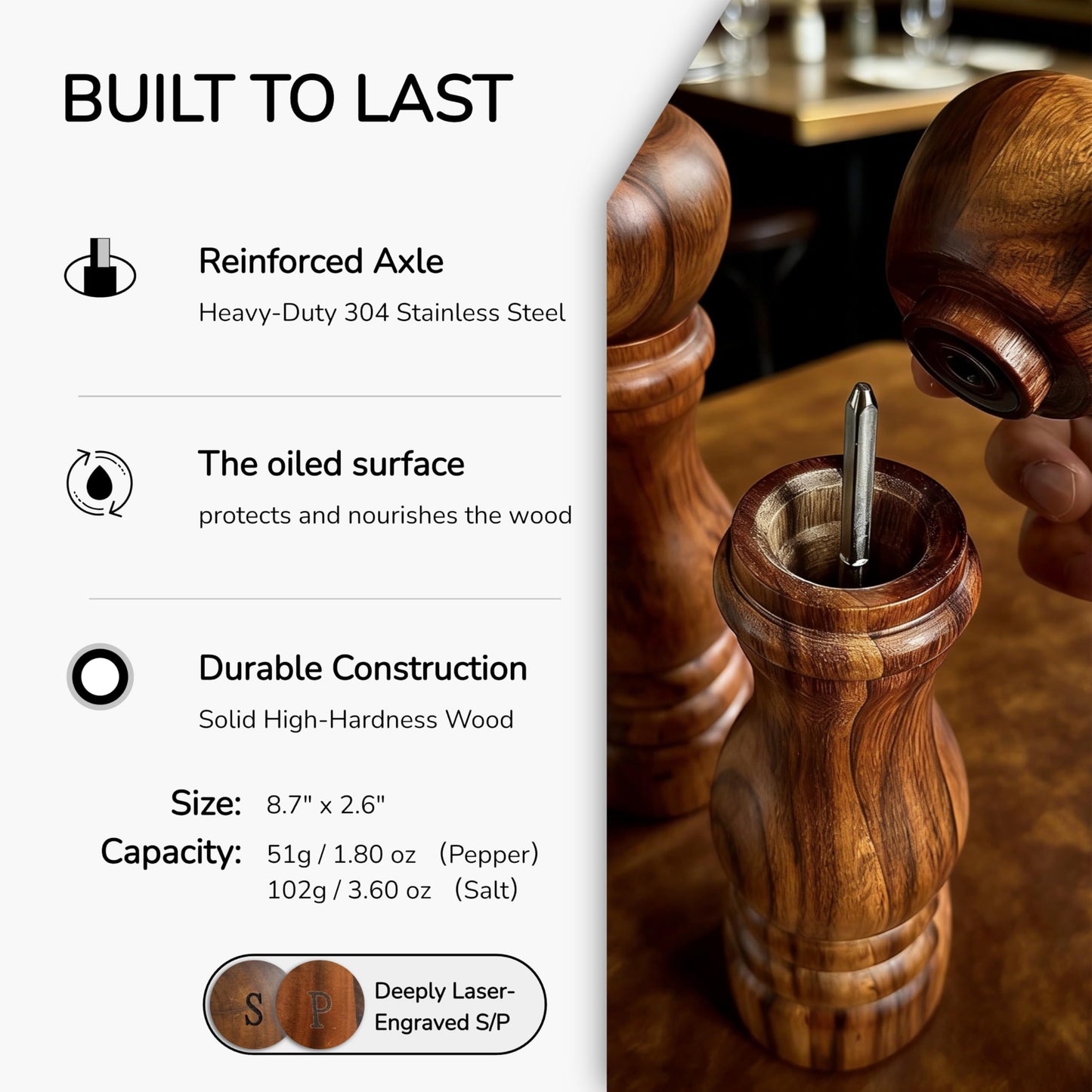 Aurevit Wooden Pepper Grinder, Manual Pepper Mill with Stainless Steel Core, Refillable Pepper Shaker with Beech Wood Body, External Adjustable Coarseness, 9” Tall (Chocolate Wood)