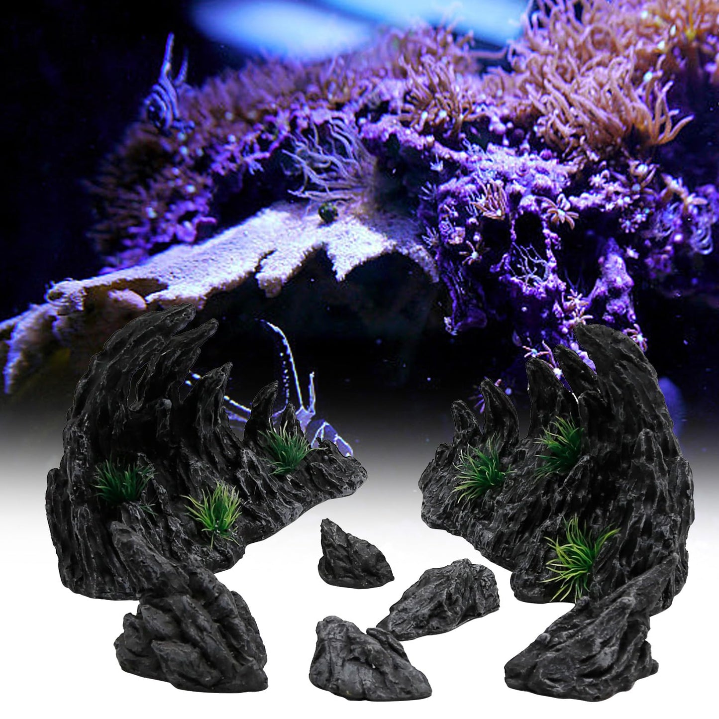 Large “Soul Valley” 7pcs Resin Aquarium Decor Set – Fish Tank Decorations, Imitation Stone Ornaments for 12-20 inch aquariums, Natural Rock Style Decor for Fresh/Saltwater Landscaping Aquariums