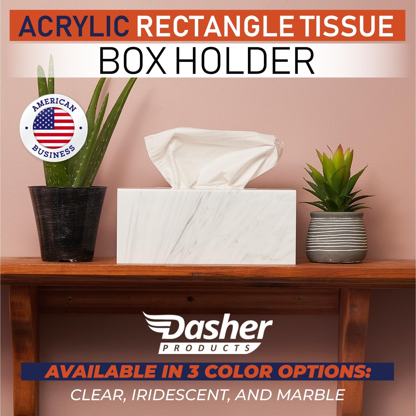 Acrylic Tissue Box Holder, Clear Dispenser for Facial Tissues, Napkins, and Dryer Sheets. Perfect for Bathrooms, Desks, Countertops, Vanities, Bedrooms, and Nightstands (Rectangle, Marble)