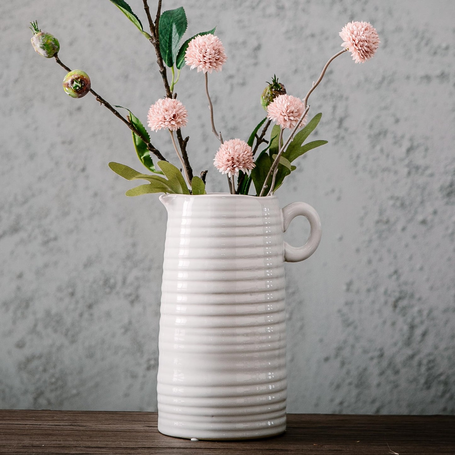 Kimdio White Ceramic Vase with Handle, Modern Farmhouse Pitcher Vases for Home Decor, Rustic Texture Pottery Vase, Decorative Flower Vase, Clay Vase, Centerpieces for for Living Room