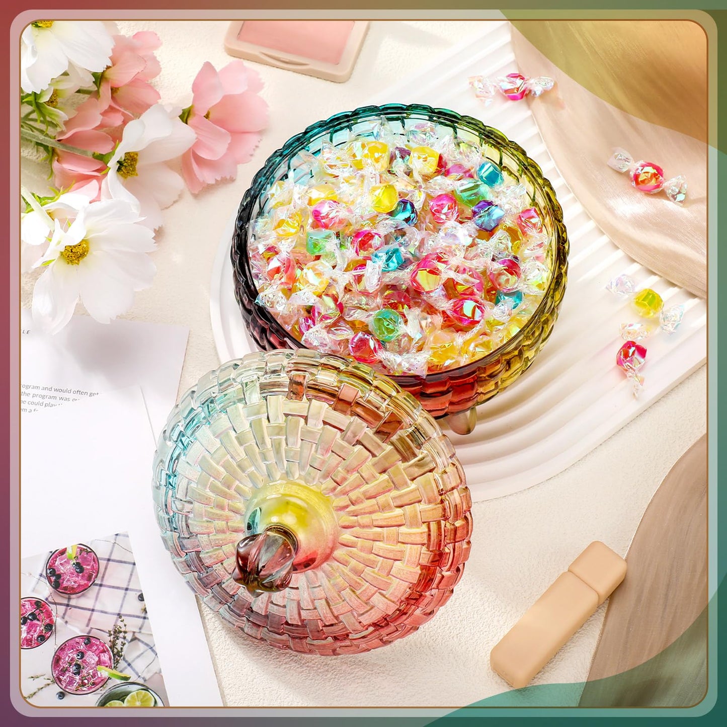 DoubleFill 26 oz Large Glass Candy Dish with Lids Candy Crystal Jar with Lid Decorative Covered Glass Jar Jewelry Box Wedding Buffet Biscuit Containers for Snacks(Bright,Medium)