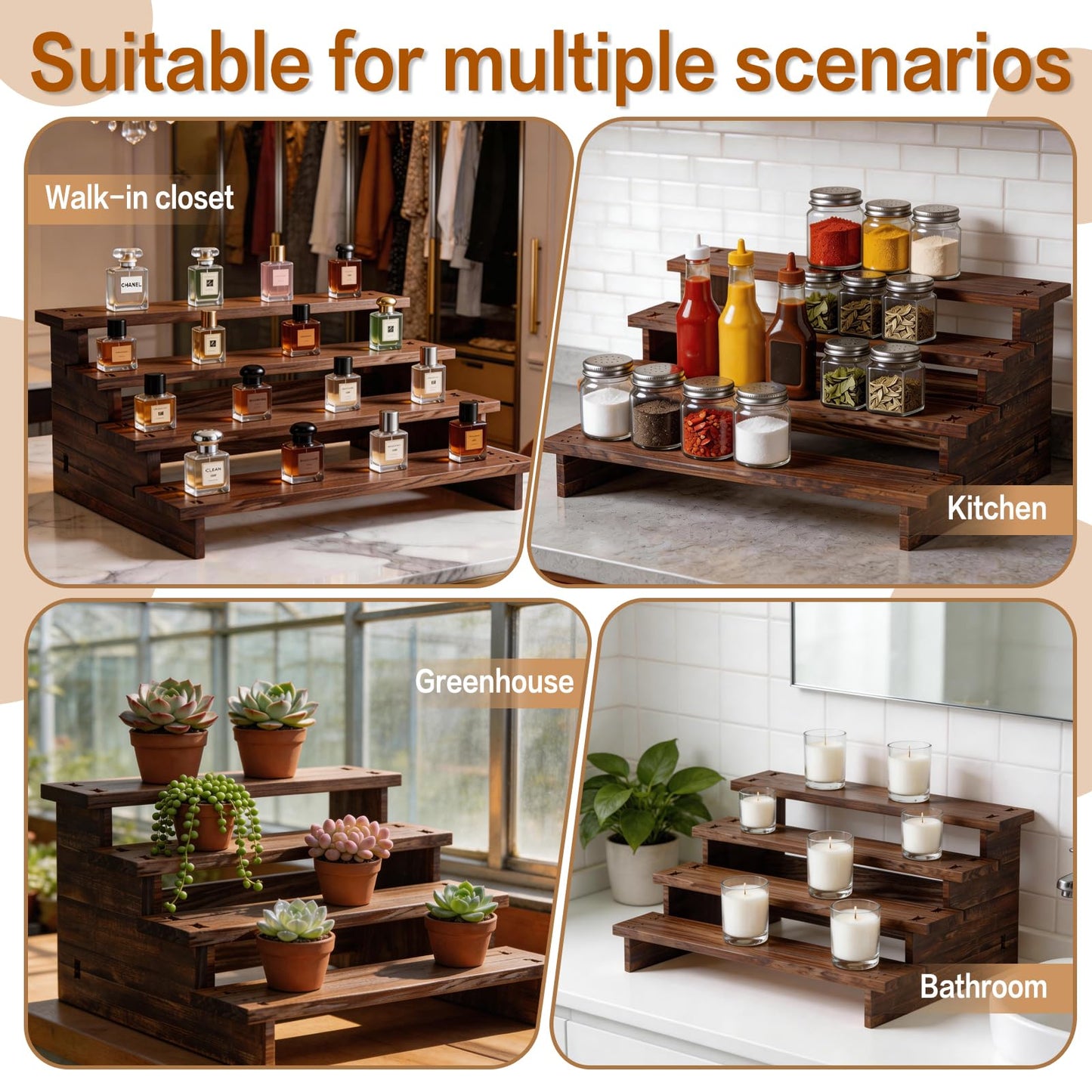intonly 2 Pack Display Stand Organizer Shelf Rack Wooden Riser for Cupcake Cologne Perfume Fragrance and etc (2, Grilled-Wood)