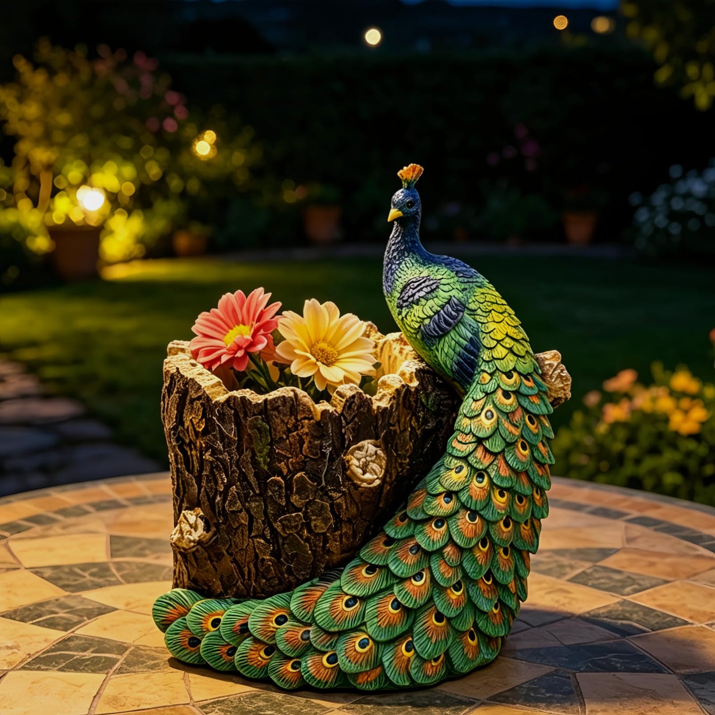 Big Stone Art Peacock Figurine Tree Stump Planter, Resin, Decorative Flower Pot for Indoor and Outdoor Use, Pen Holder Desk Organiser Nature Theme Garden Decor, Statue Sculpture (Blue)