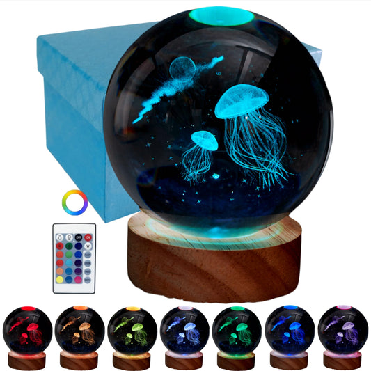 Conalisk 3D Jellyfish Crystal Ball Lamp, 3.15 Inch Jellyfish Crystal Ball Night Light with 16 Colors LED Wooden Base, Remote Control, Gift Box Packaging, Home Decor Gift for Friends
