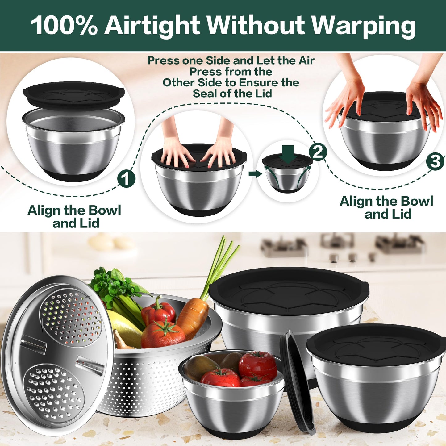 Mixing Bowls with Airtight Lids, Stainless Steel Mixing Bowl Set with 3 Nesting Kitchen Metal Bowls, Colander & Grater, Non-Slip Bottoms, Size 1.5, 2.5, 5 QT, Great for Mixing & Serving, Black