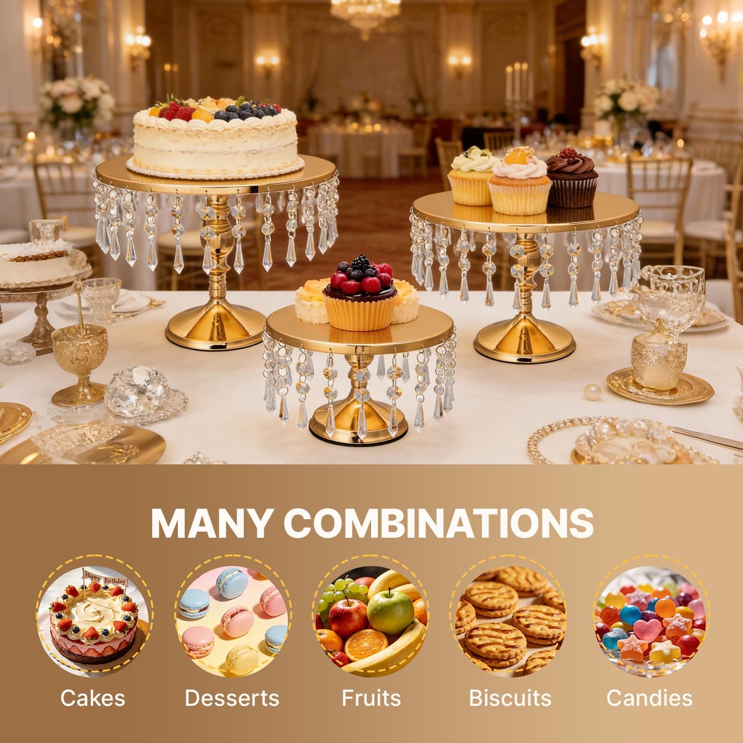 sansaieco 3 PCS Gold Cake Stand Set with Crystal Pendants - Dessert Table Display Set, Dazzling Metal Cake Holder Stand for Wedding, Party, Birthday, Baby Shower, Event Bridal Celebration