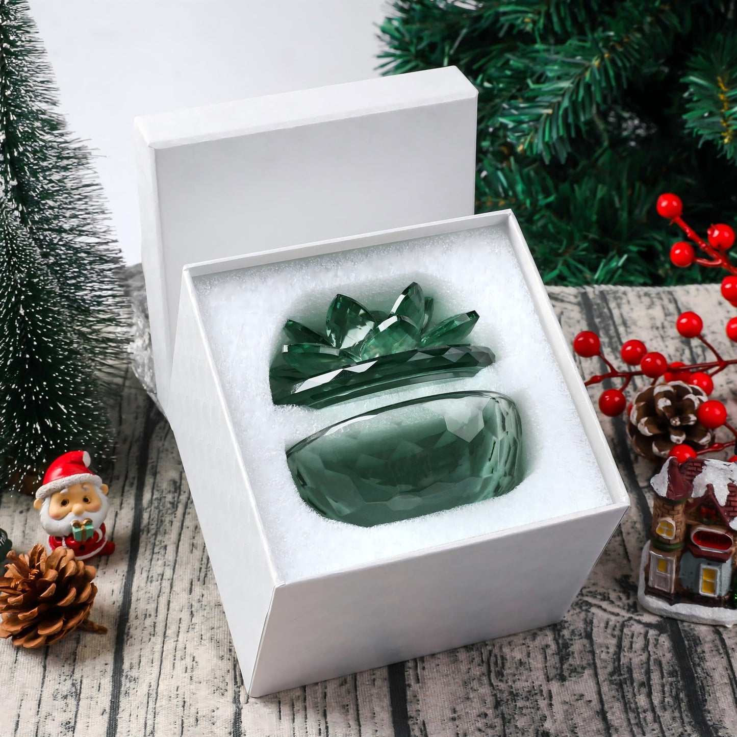 Dounx Crystal Jewelry Box, Small Glass Trinket Jar with Lid, Clear Lotus Flower Storage Holder for Women, Elegant Organizer Dish for Ring, Earrings, Necklace, Gift (Green)
