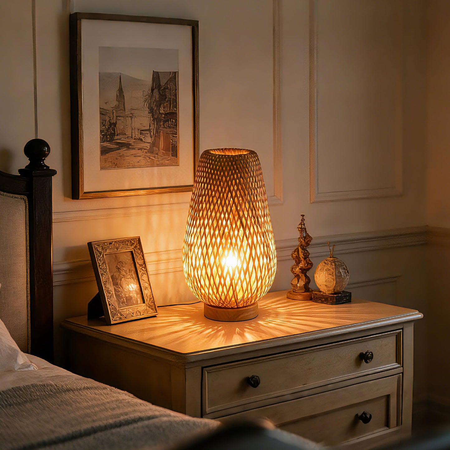 WALMHEIM Boho Bamboo Table Lamp, Dimmable Rustic Farmhouse Hand Wicker Desk Lamp Bedside Lamps Night Light Decorations for Bedroom, Living Room, Home Office, Nursery, Reading Nook (Bulb Included)