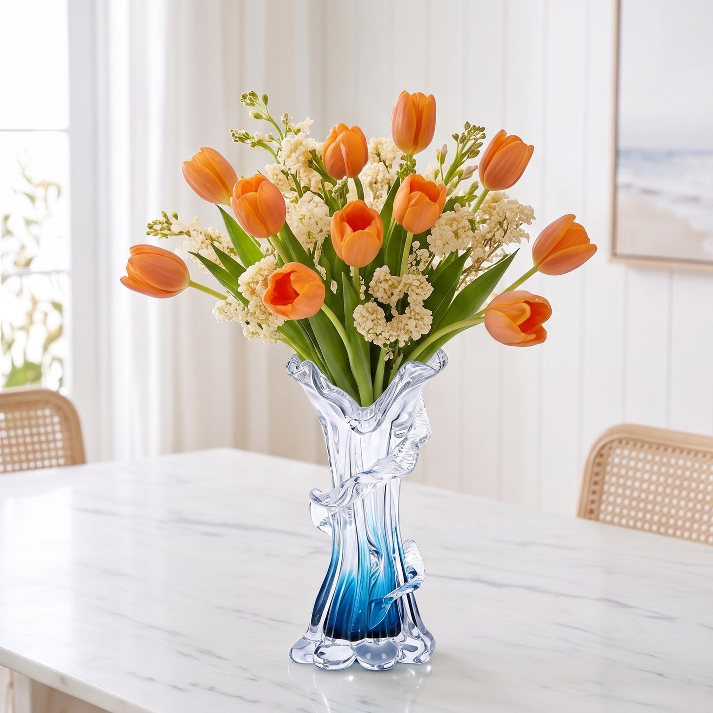 Unique Hand Blown Blue Glass Vase - Artistic Blue Gradient Flower Vase for Home Decor, Centerpieces & Office Shelf