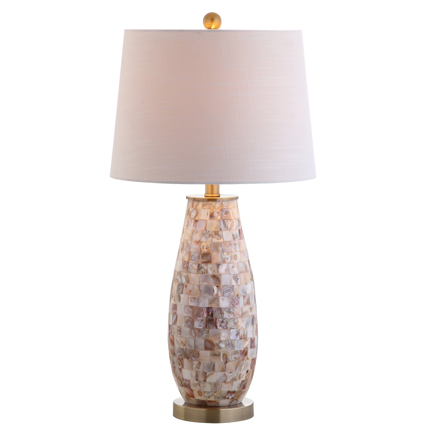 JONATHAN Y 28" Natural Mosaic Seashell Table Lamp, Coastal Contemporary Resin Lamp for Living Room Bedroom, White Linen Shade, Brass Gold Accents, LED Bulb Included JYL4005A
