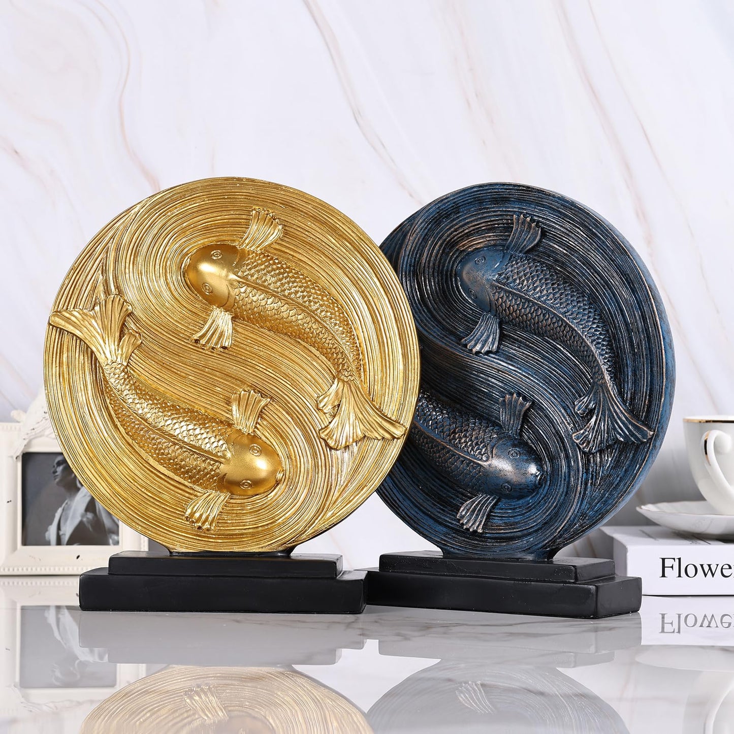 orenm Feng Shui Yin Yang Koi Fish Statue,Modern Shelf Decor Sculpture,for Mens Home Decorations Living Room,Office Good Fortune Sculptures,Bookshelf,Dining Table Centerpieces,TV Stand Decor (Gold)