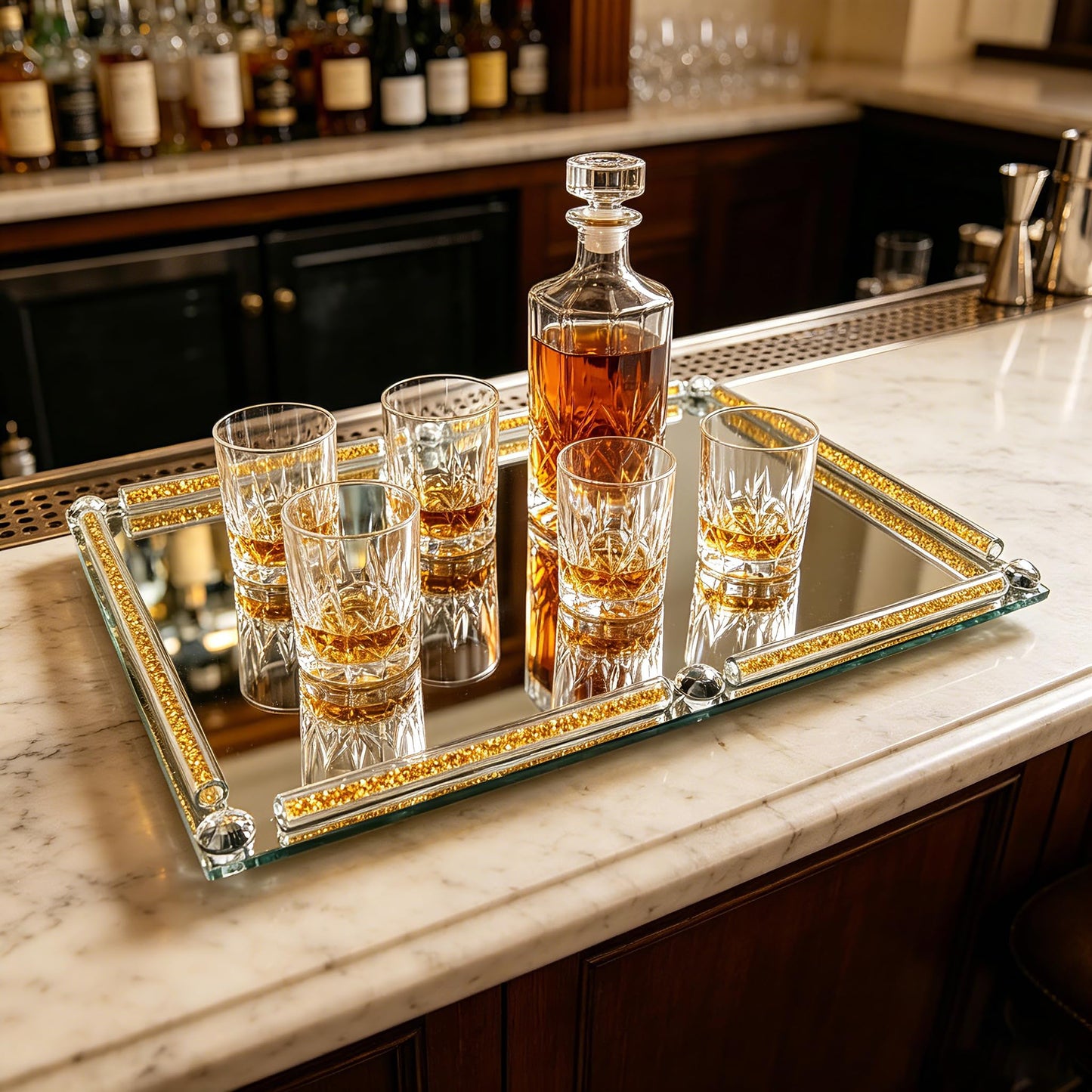 YCWF Large Mirror Perfume Tray for Dresser,Crushed Diamond Filled Glass Vanity Tray,Gold Decorative Bathroom Tray,Crystal Tray for Home Decorative,Party,Hotel Banquet,15.7x11.8x1.4inch,Gold