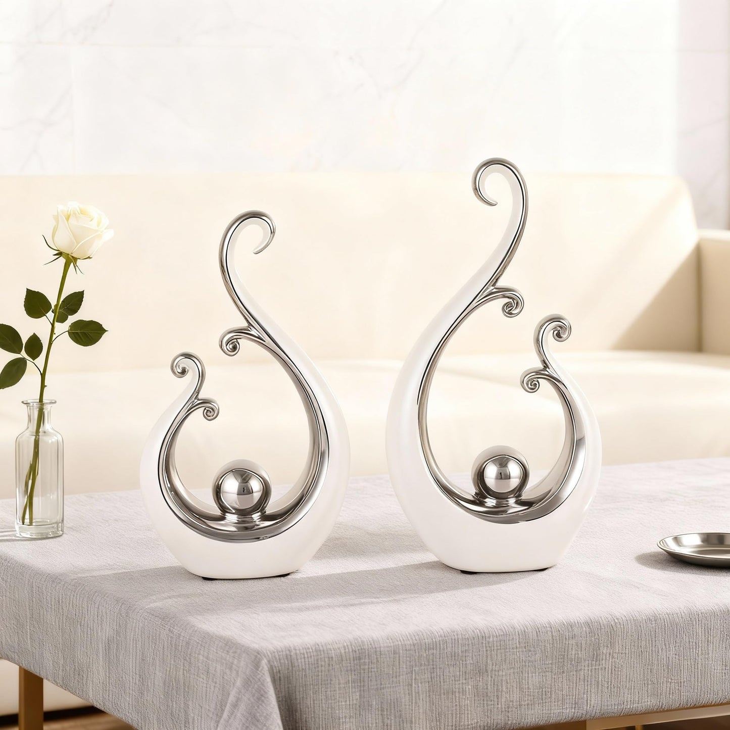 DOVDOV White and Silver Home Decor, Abstract Ceramic 2-Piece Sculpture Set, Modern mid-Century Art Statues, Perfect for Accent Tables, countertops, Coffee Tables, and entryway Decor.