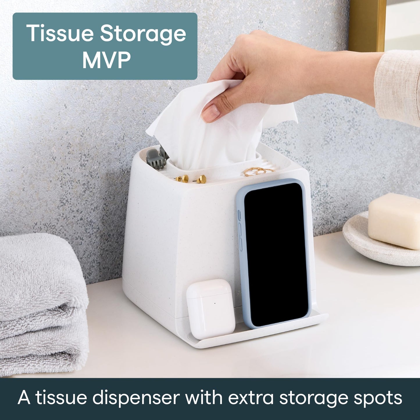 YouCopia The Ledge Tissue Holder, Cube, Square Box Cover with Storage for Phones, Jewelry, Makeup and Accessories for Night Stand, Desk and Bathroom Organization