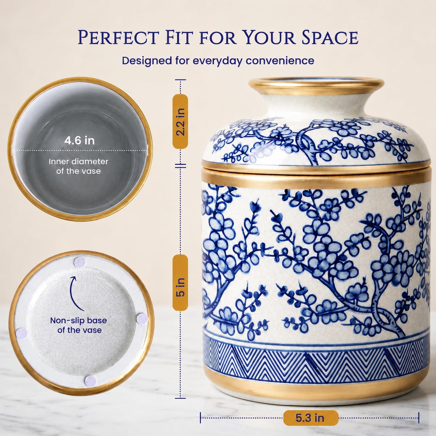Tissue Vessel Round Ceramic with Lid - Handmade Blue and White Chinoiserie Ceramic Tissue Holder for Bathroom – Chinoiserie Decor Accent for Living Room, Bedroom, Office - Blue and White Porcelain