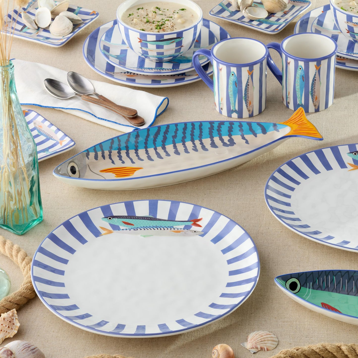 Something Fishy Ceramic SERVING BOWL 13 x 3 Inches, coastal striped bowl with colorful fish art, ideal for salads, pasta, seafood sides, summer hosting, beach homes, and vibrant nautical table