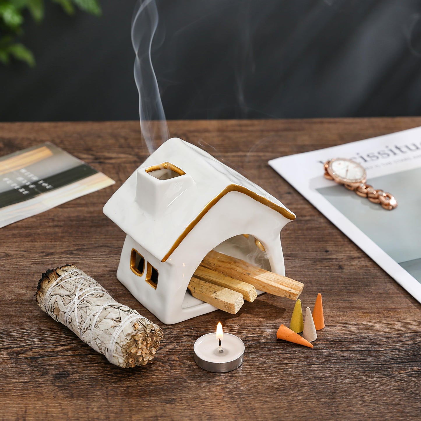 YIASSON Palo Santo Holder Chimney, Sage Holder for Burning, Palo Santo Burner, Sage Burner, Ceramic Christmas Cabin&Mini Chiminea Incense Burner, House Tea Light Burner, Smudge Bowl, Incense Holder