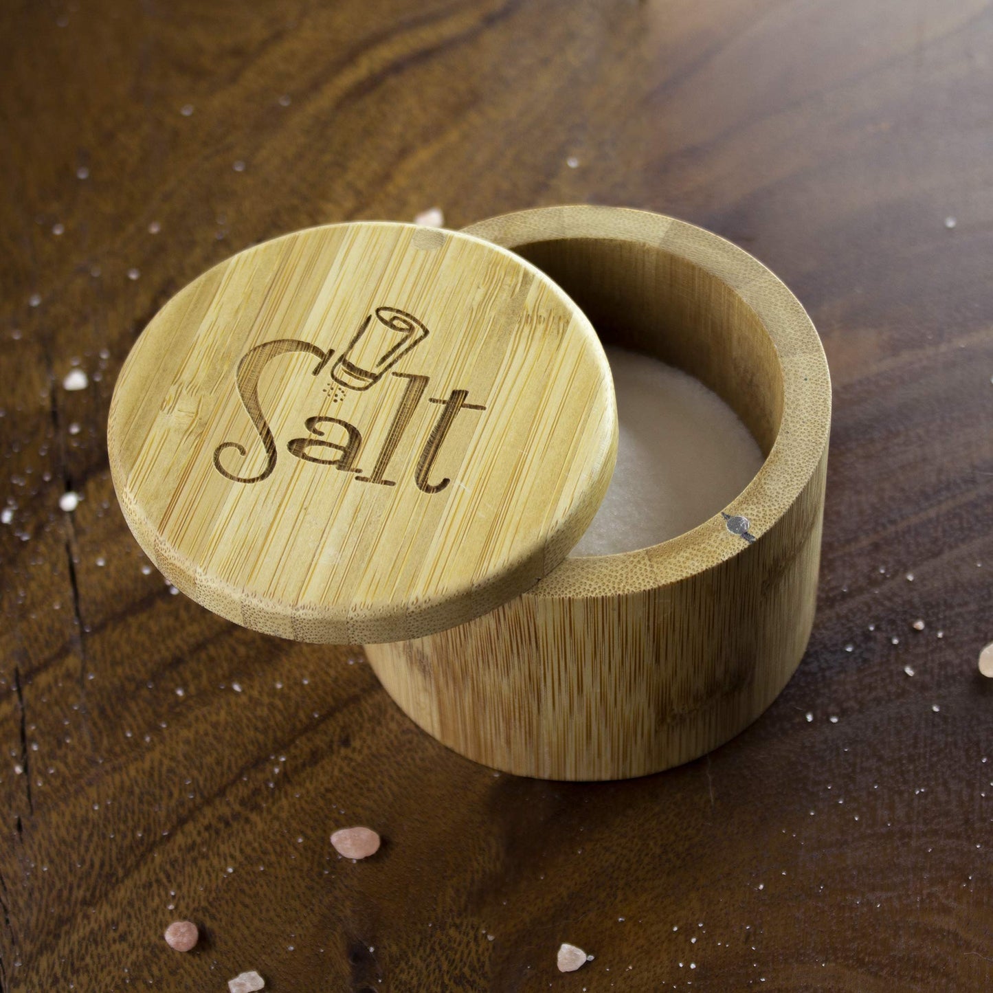 Totally Bamboo Salt Cellar Bamboo Storage Box with Magnetic Swivel Lid, 6 Ounce Capacity, Salt Engraved on Lid