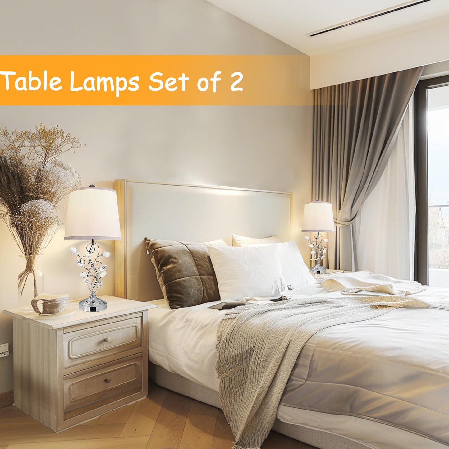 Sheetea 24.5in Modern Table Lamps - Set of 2, Silver with 2 USB Charging Ports, White Bedside Lamps for Nightstand, Unique Vine Leaf Design for End Table Reading