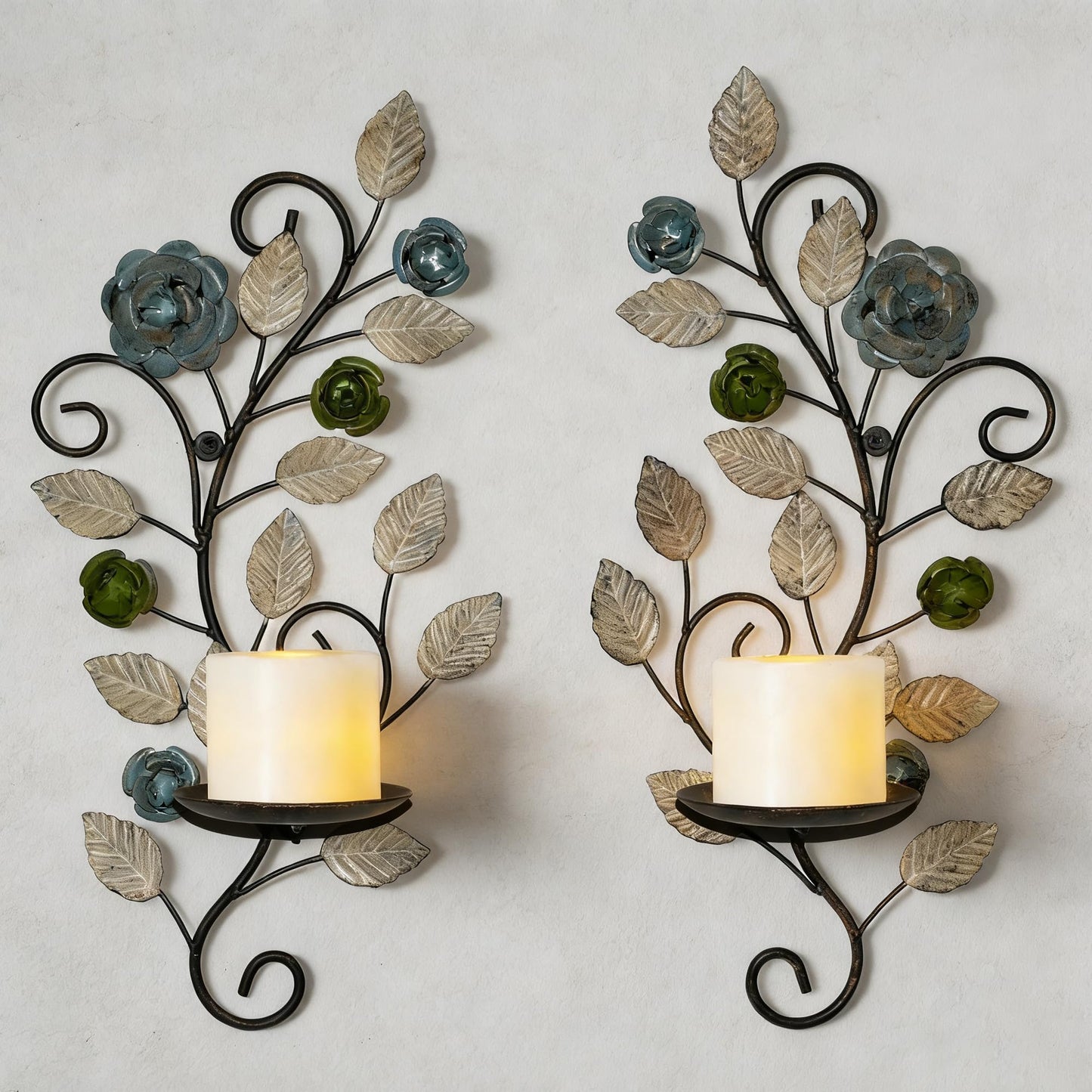 Metal Wall Candle Sconce Holders Set of 2, Rustic Leaf and Flower Branch Candle Holder Wall Decoration for Living Room Farmhouse Wedding Fireplace