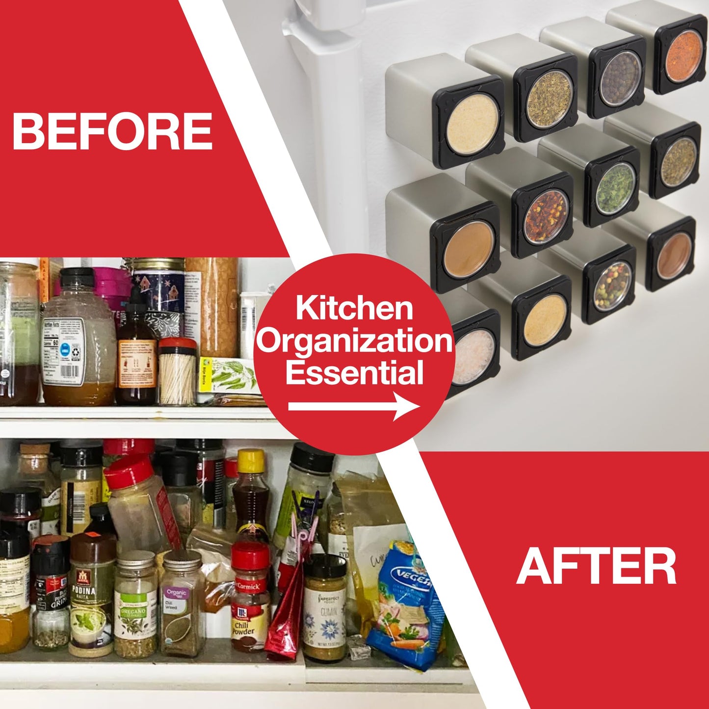 Set of 6 Magnetic Spice Jars, Shake or Pour Containers Attach to Most Refrigerator Doors & Appliances, Seasoning Dispensers- Easy Open Window Top Shakers- Salt Pepper Organizers, Space Saving Baking
