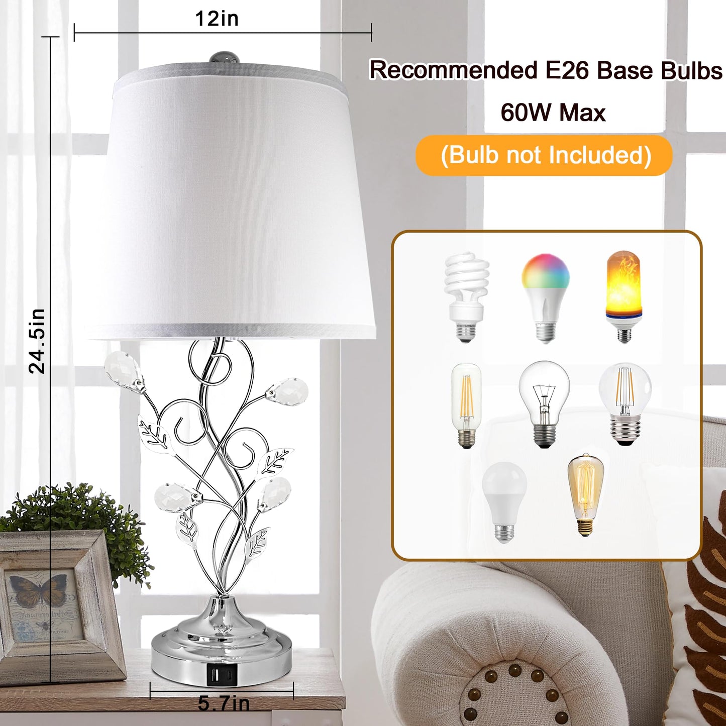 Sheetea 24.5in Modern Table Lamps - Set of 2, Silver with 2 USB Charging Ports, White Bedside Lamps for Nightstand, Unique Vine Leaf Design for End Table Reading