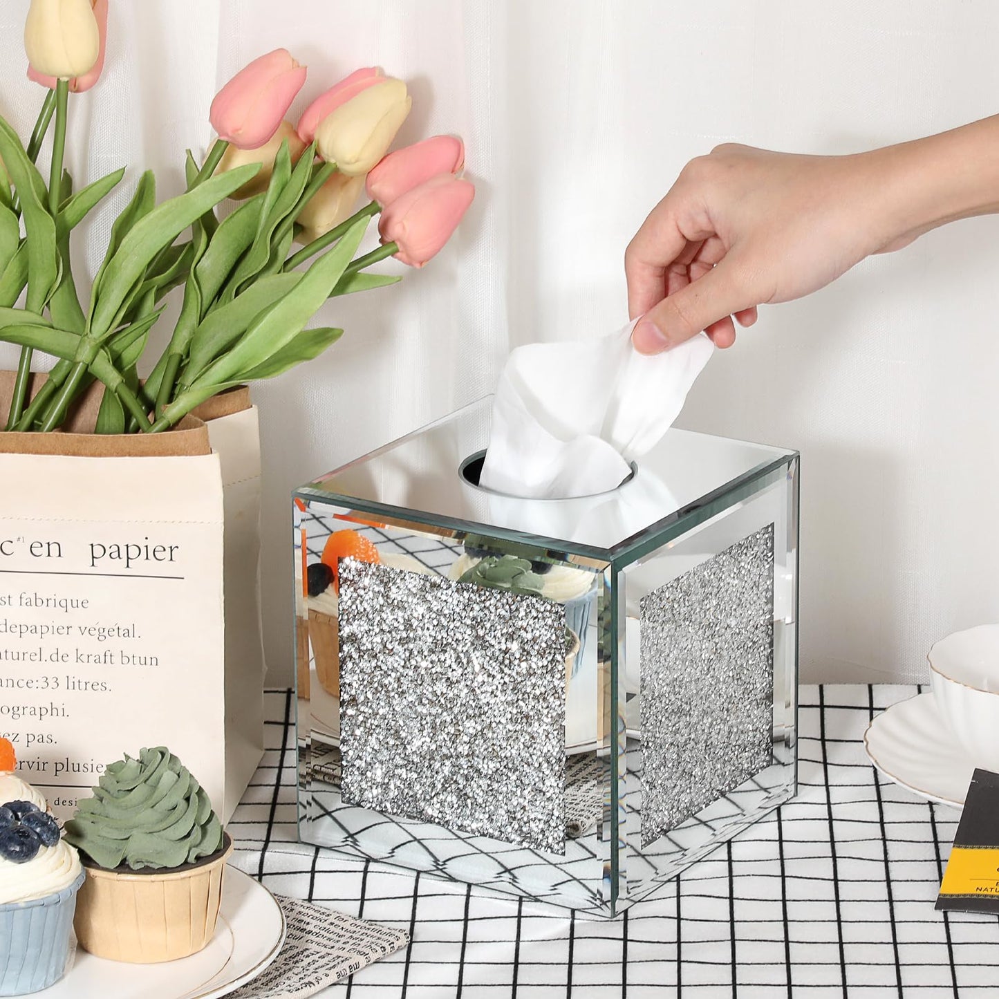 Sumnacon Crystal Square Tissue Box Cover, Silver Glass Cube Tissue Box Holder, Decorative Facial Tissue Holders Dispenser for Bathroom Vanity Dresser Night Stand Table Countertop Office Home Decor