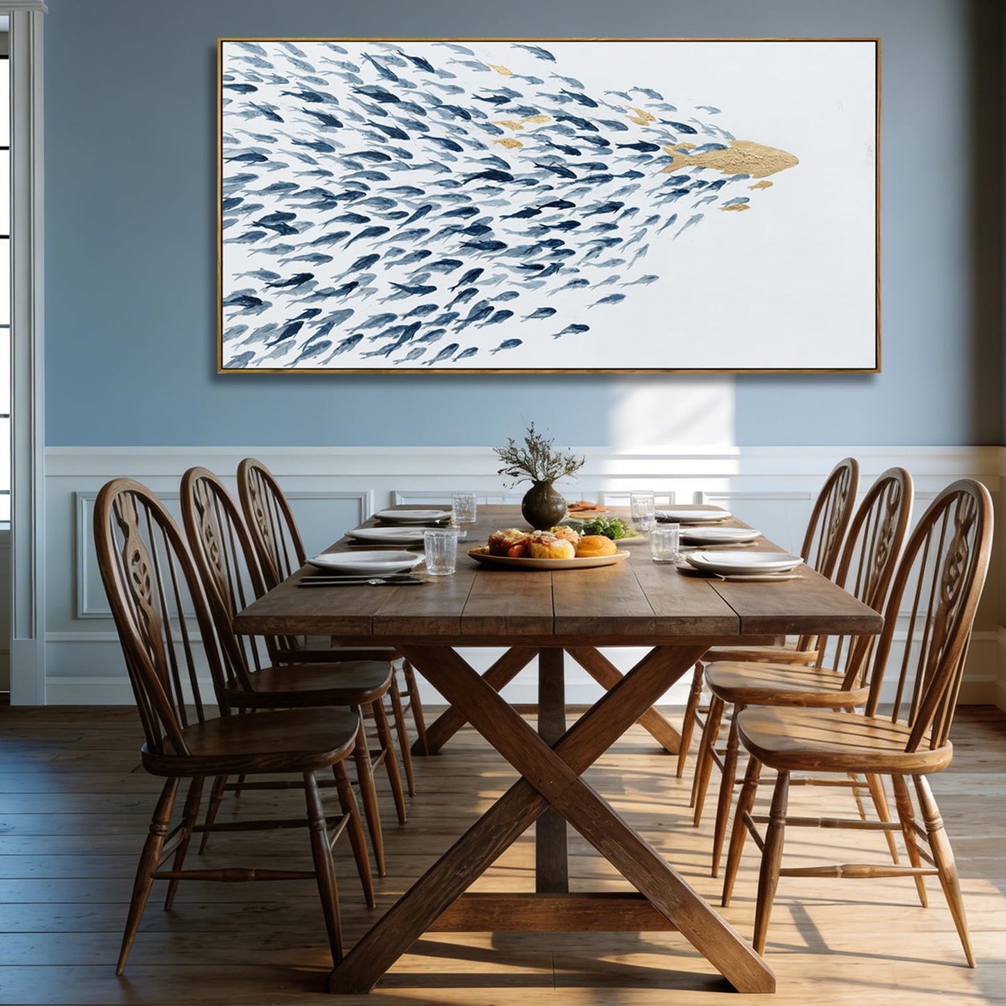 Minimalist Framed Wall Art Fish Animal Ocean Blue Gold Modern Canvas Prints 29"x58" Large Pictures Artwork for Living Room Kitchen Wall Art Decor