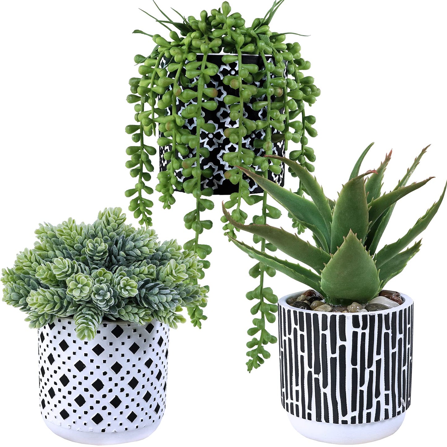 Winlyn 3 Pcs Small Potted Succulents Plants Artificial Aloe Hops String of Pearls Succulents in Black and White Concrete Pots for Gifts Table Centerpiece Shelves Windowsill Indoor Outdoor Decorations