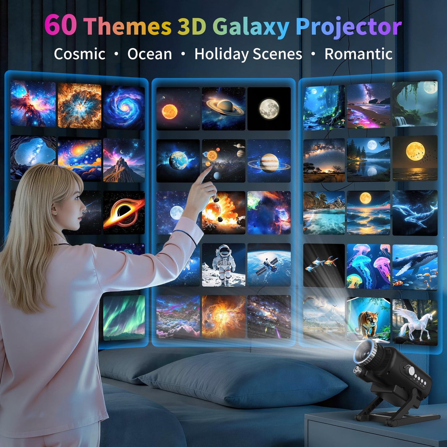 FlyLily 3D Galaxy Projector, Dynamic Star Projector with White Noise & Bluetooth Speaker, 60 Scenes Night Light Projector for Bedroom Decor, Ideal Gift for Kids Adults Birthday Christmas