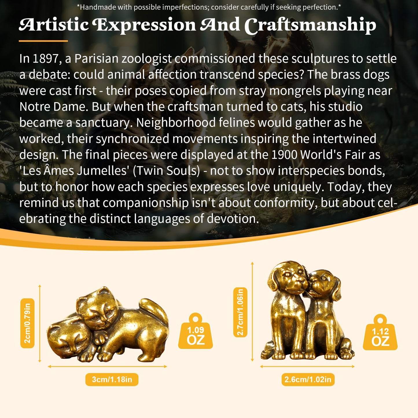 Playful Cats Brass Sculpture - 100% Solid Handcast Retro Animal Statue, Whimsical Friendship Desk Decor for Home & Office, Unique Collectible Gift for Pet Lovers, Handcrafted Dog Lover Art Piece