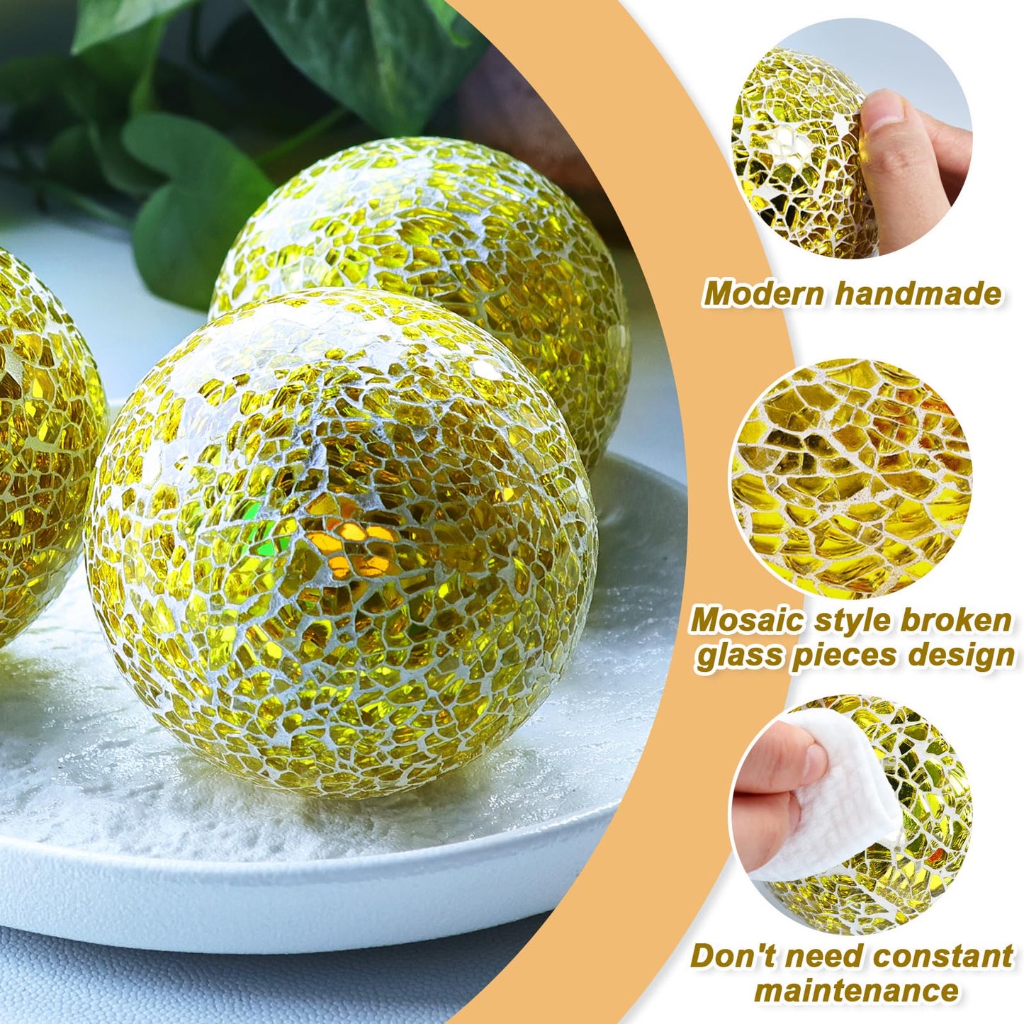 Yazikisa Gold 3.35 Inch Glass Balls Decorative for Bowls Crack Mosaic Orbs Solid Spheres Ball Round Globe Vase Filler Coffee Table Decor Modern Wedding Party 3 Pcs