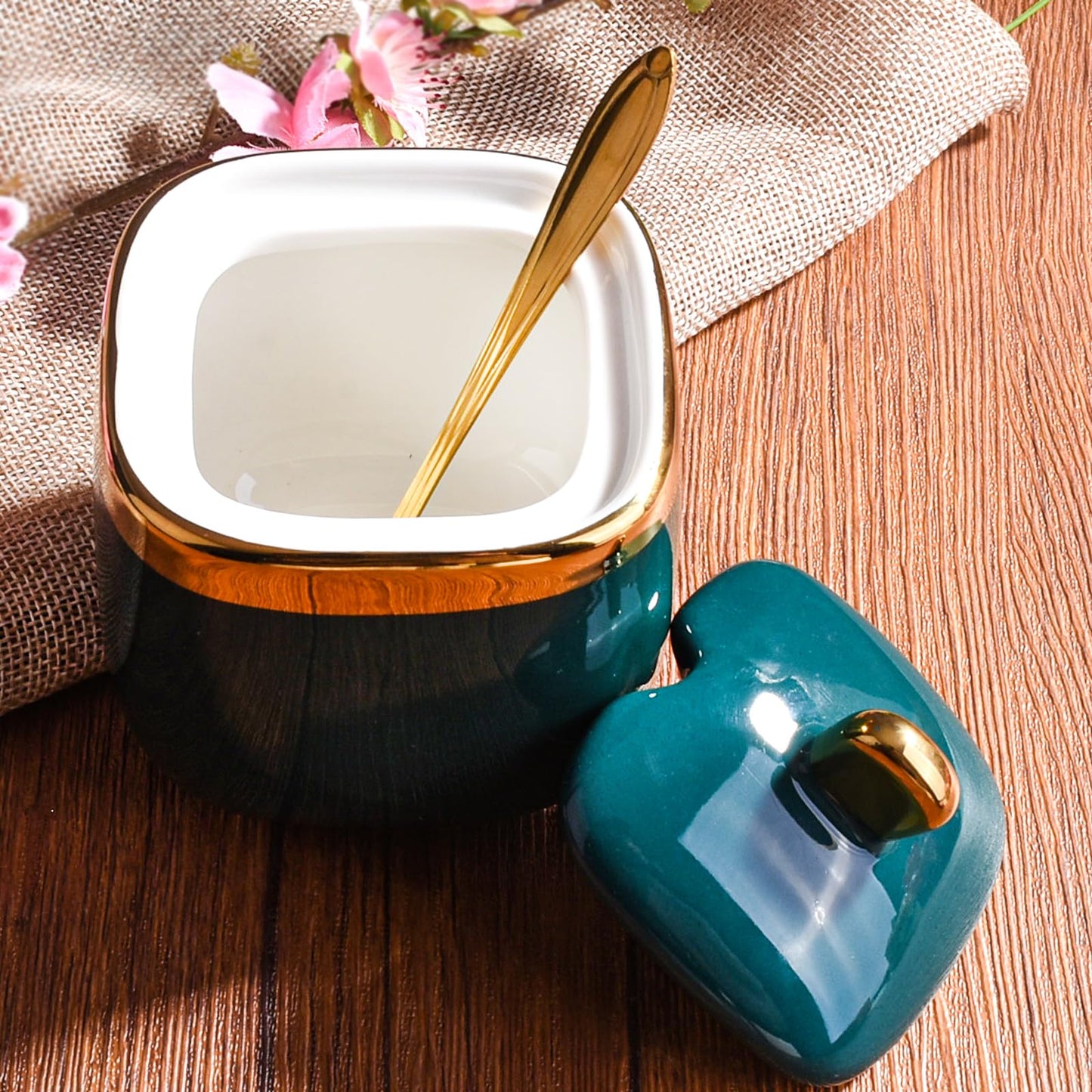 Cerficer Ceramic Sugar Bowl with Lid and Spoon - Emerald Green Golden Trim Porcelain Condiment Jar, Decorative Canister for sauce, Salt, Coffee, Tea, Kitchen Counter & Dining Table