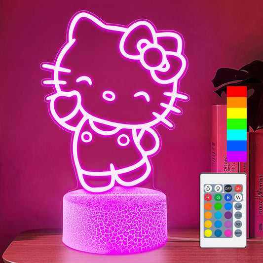 Wafinkeng Cute Night Light for Kids - Anime Charater Kitty Cat Decor Lamp with 16 Colors Change, Remote, Dim Control, 3D Illusion LED Night Lights for Kids Gifts Party Birthday Decoration