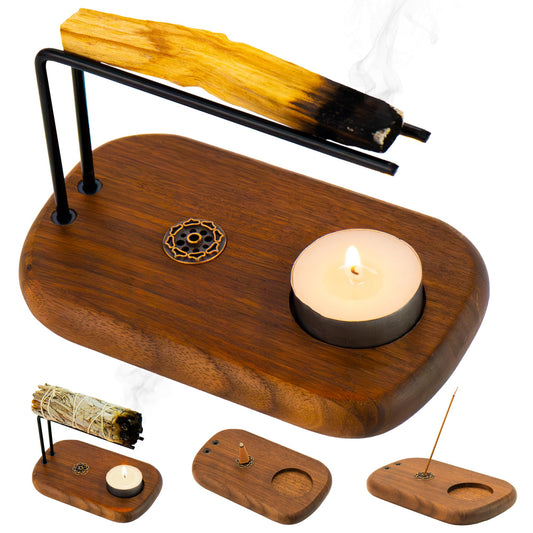 PLEARTY 4 in 1 Walnut Wood Palo Santo Holder Hand-Crafted Incense Sticks Holder for Burning Sage with Booklet The Most Complete Palo Santo Holder for Your Meditation Room Home Decor Gift