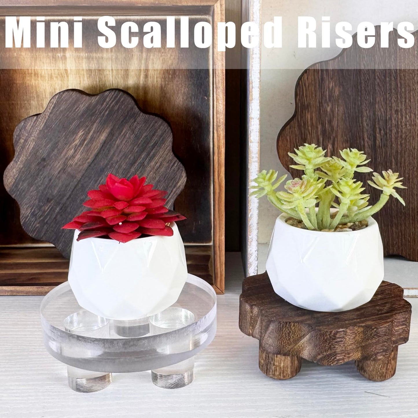 DEMULANS 3 Pack Tiny Scalloped Wood Risers for Display ,Small Wooden Stands with Removable Feet Farmhouse Rustic Decor for Table Tiered Trays Home Kitchen Decoration (Mini Dark Brown, 4 Inch)