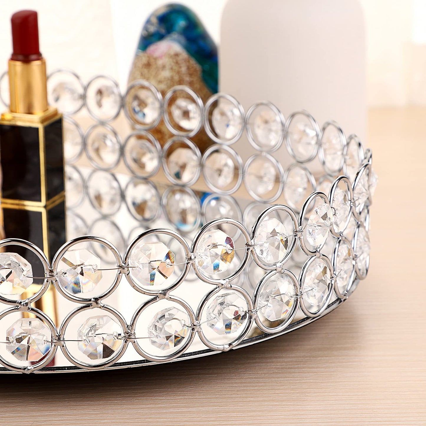Hipiwe Crystal Vanity Tray Mirrored Dresser Perfume Trays for Makeup Tray Cosmetic Skin Care Storage, Jewelry Trinket Organizer Tray for Bathroom Countertop Home Decor (Medium, Silver)